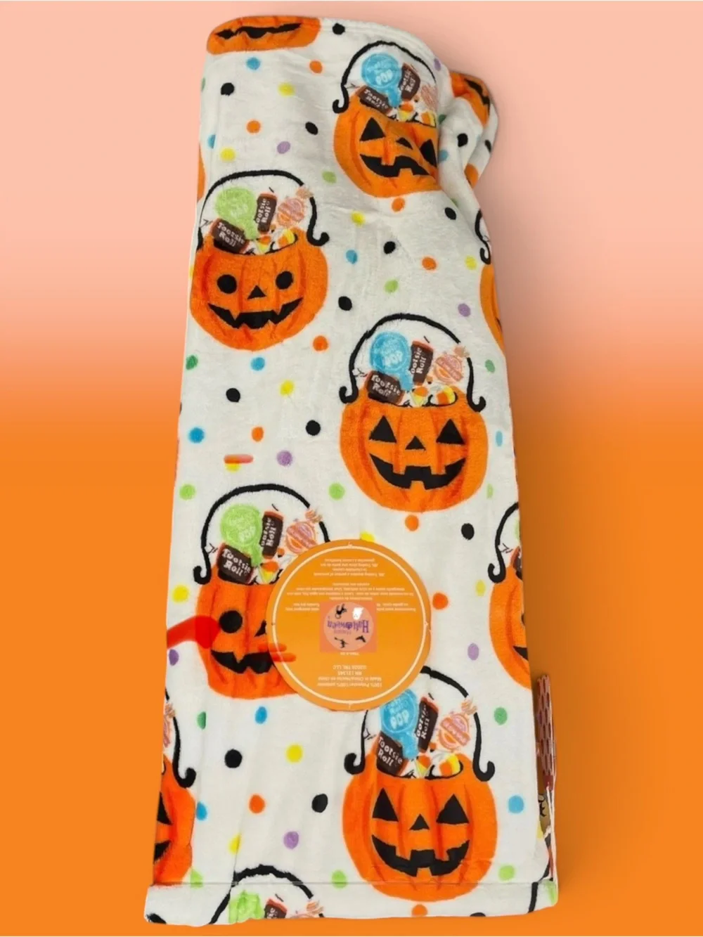 Tootsie Plush Halloween Throw White Multi Polka Dots 60x70 Jack-O-Lantern Candy